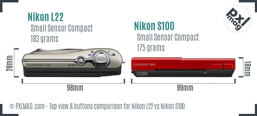 Nikon L22 vs Nikon S100 top view buttons comparison