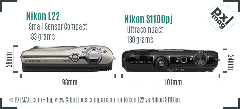 Nikon L22 vs Nikon S1100pj top view buttons comparison