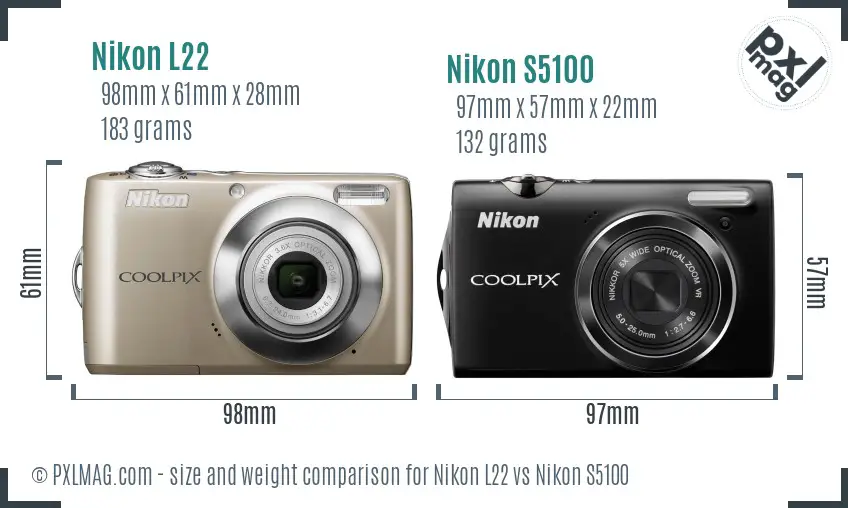 Nikon L22 vs Nikon S5100 size comparison