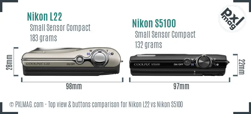 Nikon L22 vs Nikon S5100 top view buttons comparison