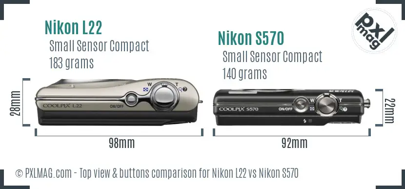 Nikon L22 vs Nikon S570 top view buttons comparison Nikon L22 vs Nikon S570 top view buttons comparison