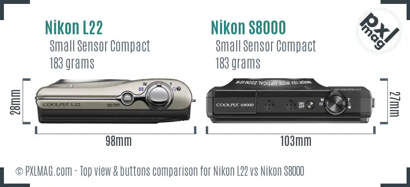 Nikon L22 vs Nikon S8000 top view buttons comparison Nikon L22 vs Nikon S8000 top view buttons comparison
