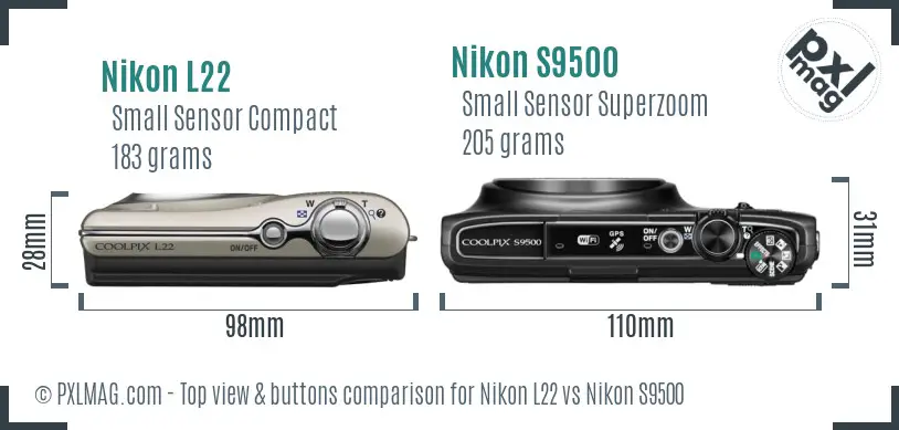 Nikon L22 vs Nikon S9500 top view buttons comparison