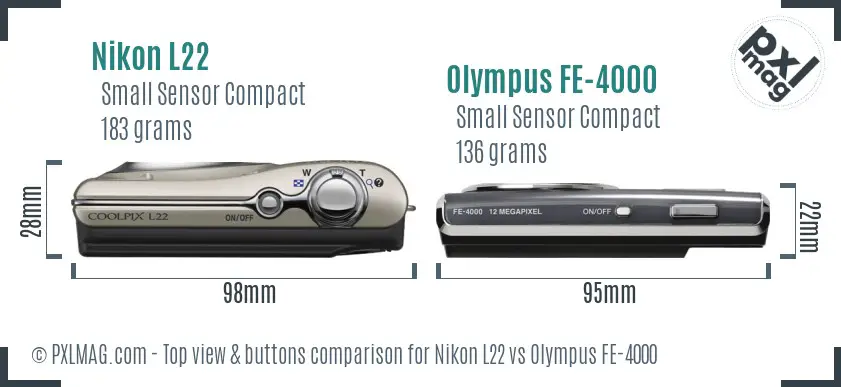 Nikon L22 vs Olympus FE-4000 top view buttons comparison Nikon L22 vs Olympus FE-4000 top view buttons comparison
