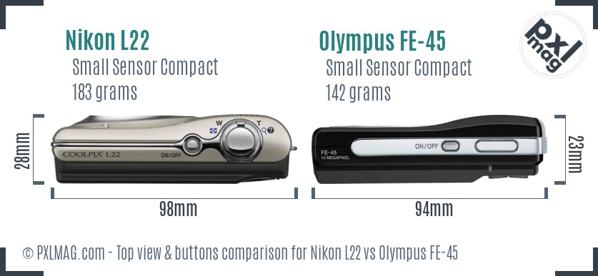 Nikon L22 vs Olympus FE-45 top view buttons comparison
