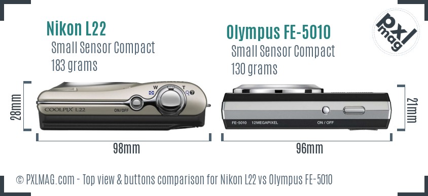 Nikon L22 vs Olympus FE-5010 top view buttons comparison