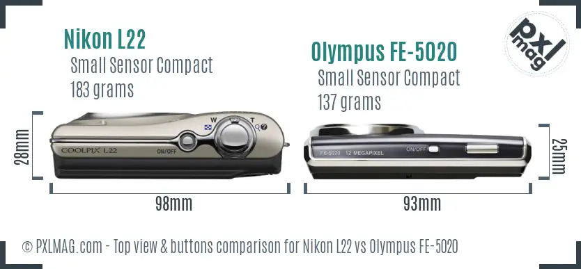 Nikon L22 vs Olympus FE-5020 top view buttons comparison Nikon L22 vs Olympus FE-5020 top view buttons comparison