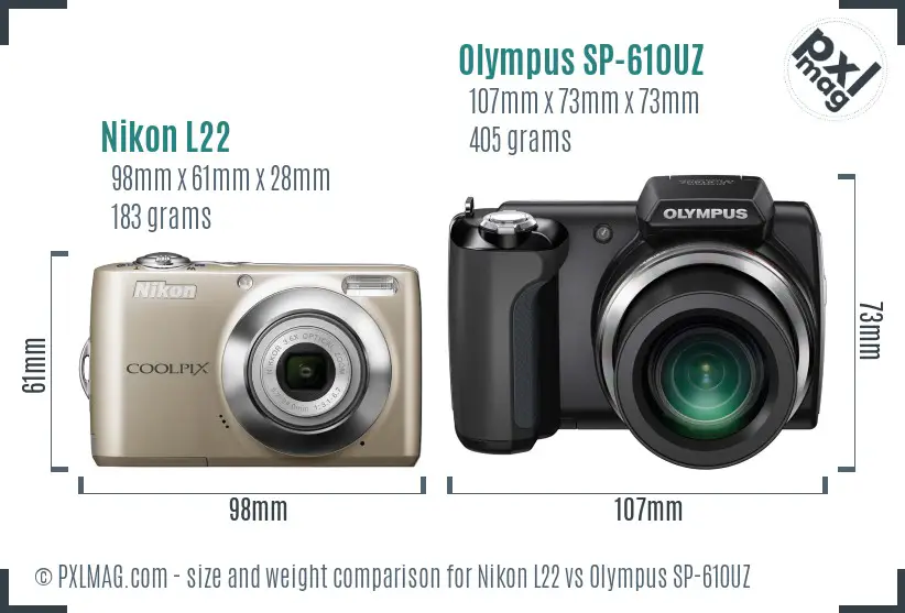 Nikon L22 vs Olympus SP-610UZ size comparison Nikon L22 vs Olympus SP-610UZ size comparison