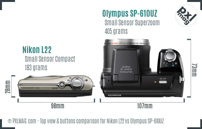 Nikon L22 vs Olympus SP-610UZ top view buttons comparison Nikon L22 vs Olympus SP-610UZ top view buttons comparison