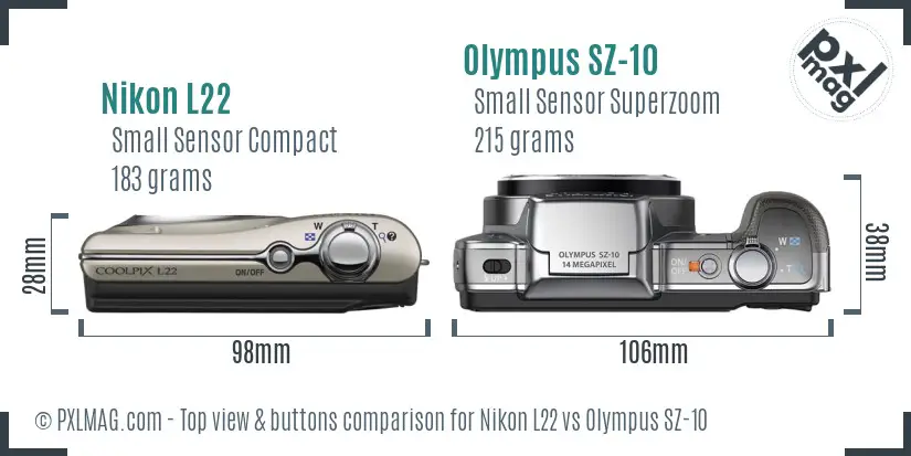 Nikon L22 vs Olympus SZ-10 top view buttons comparison Nikon L22 vs Olympus SZ-10 top view buttons comparison