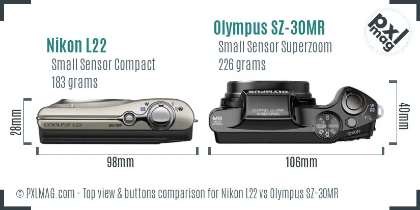 Nikon L22 vs Olympus SZ-30MR top view buttons comparison