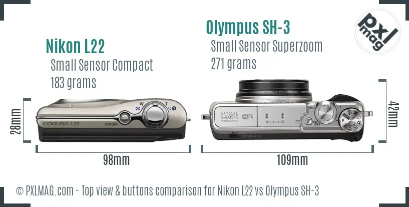 Nikon L22 vs Olympus SH-3 top view buttons comparison