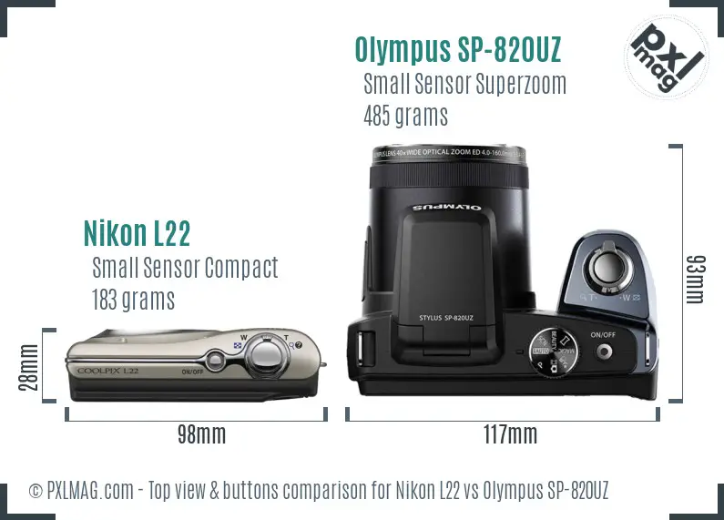 Nikon L22 vs Olympus SP-820UZ top view buttons comparison