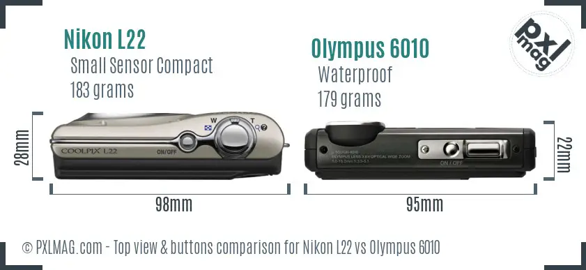 Nikon L22 vs Olympus 6010 top view buttons comparison Nikon L22 vs Olympus 6010 top view buttons comparison