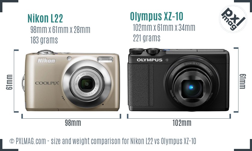 Nikon L22 vs Olympus XZ-10 size comparison