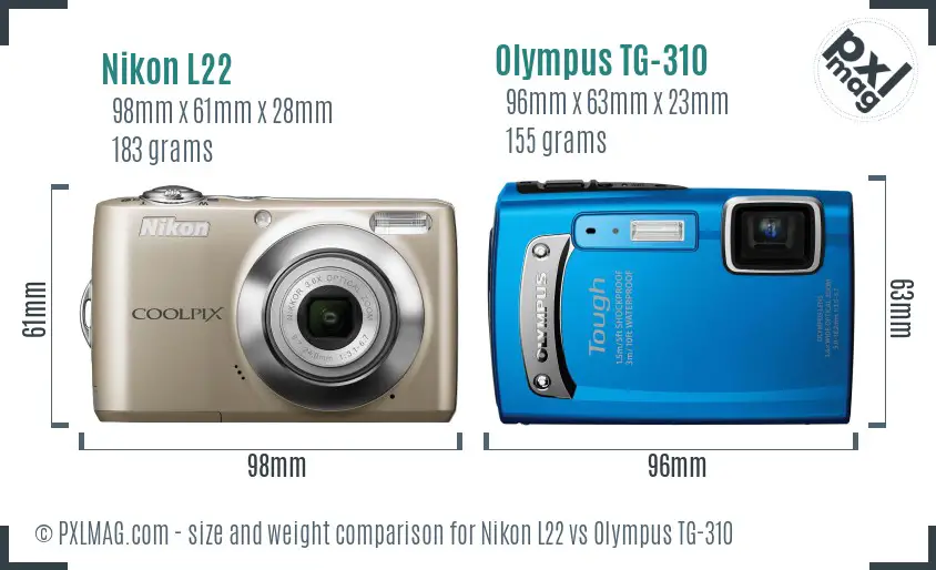 Nikon L22 vs Olympus TG-310 size comparison