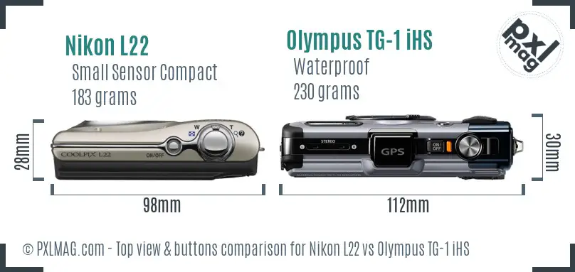 Nikon L22 vs Olympus TG-1 iHS top view buttons comparison Nikon L22 vs Olympus TG-1 iHS top view buttons comparison