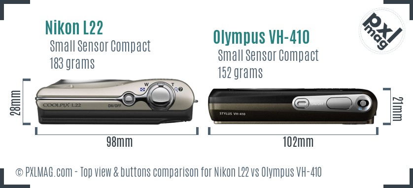 Nikon L22 vs Olympus VH-410 top view buttons comparison