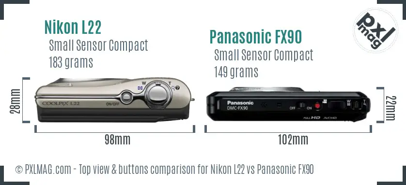Nikon L22 vs Panasonic FX90 top view buttons comparison