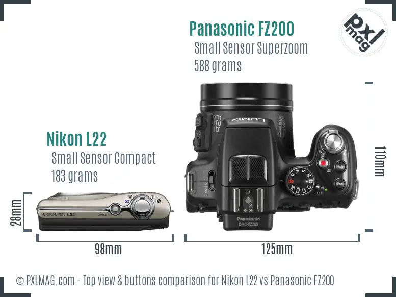 Nikon L22 vs Panasonic FZ200 top view buttons comparison