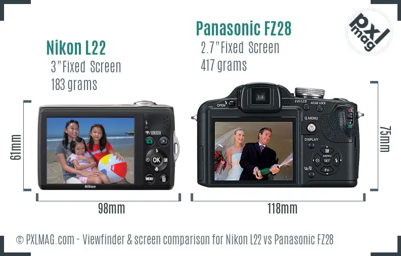 Nikon L22 vs Panasonic FZ28 Screen and Viewfinder comparison