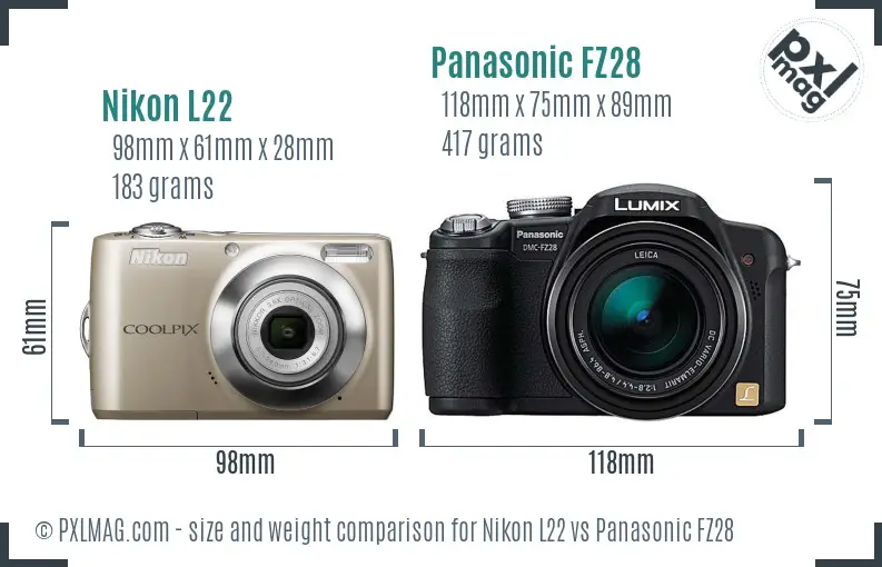 Nikon L22 vs Panasonic FZ28 size comparison