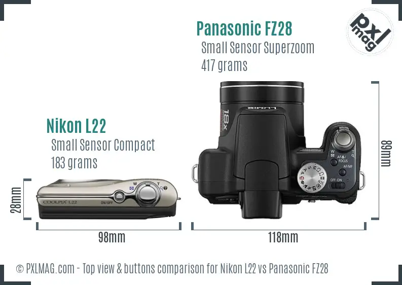 Nikon L22 vs Panasonic FZ28 top view buttons comparison