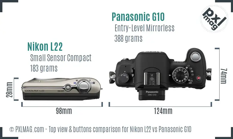 Nikon L22 vs Panasonic G10 top view buttons comparison