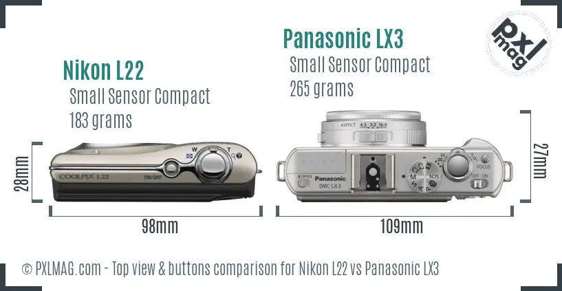 Nikon L22 vs Panasonic LX3 top view buttons comparison Nikon L22 vs Panasonic LX3 top view buttons comparison