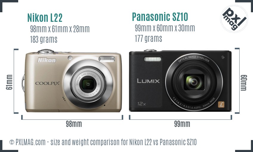 Nikon L22 vs Panasonic SZ10 size comparison