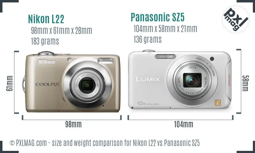 Nikon L22 vs Panasonic SZ5 size comparison