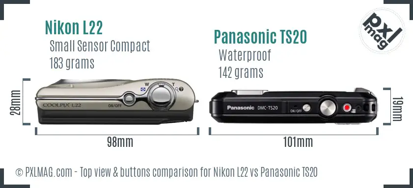 Nikon L22 vs Panasonic TS20 top view buttons comparison