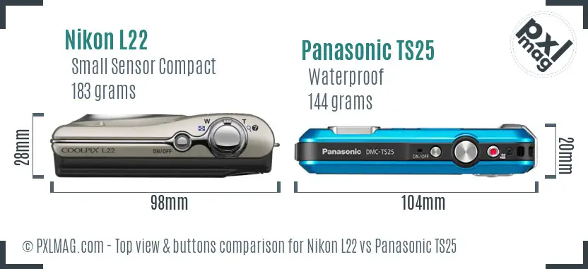 Nikon L22 vs Panasonic TS25 top view buttons comparison