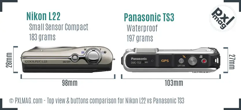 Nikon L22 vs Panasonic TS3 top view buttons comparison Nikon L22 vs Panasonic TS3 top view buttons comparison