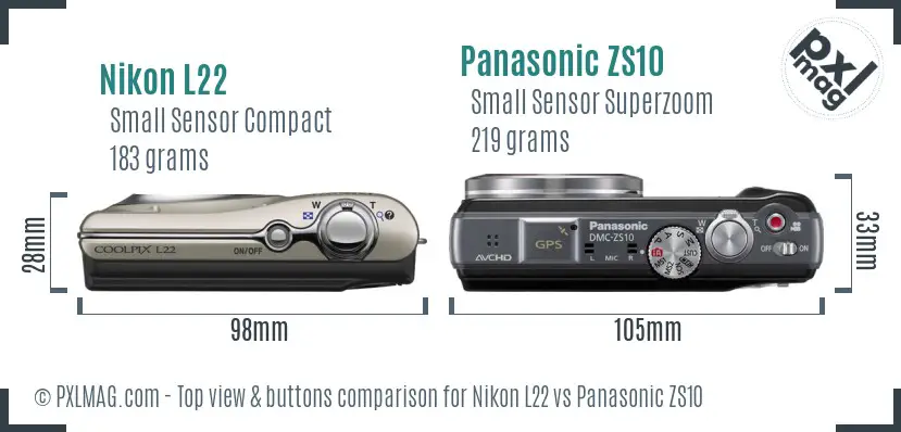 Nikon L22 vs Panasonic ZS10 top view buttons comparison Nikon L22 vs Panasonic ZS10 top view buttons comparison
