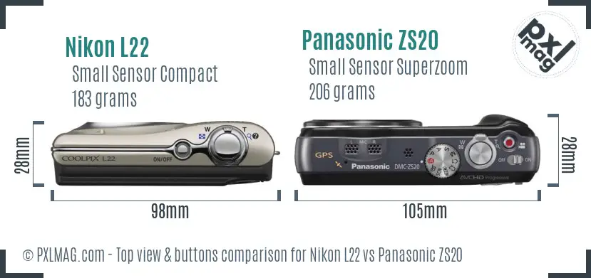 Nikon L22 vs Panasonic ZS20 top view buttons comparison Nikon L22 vs Panasonic ZS20 top view buttons comparison
