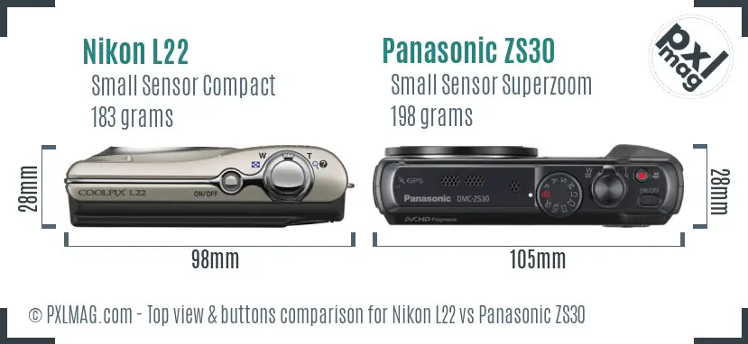 Nikon L22 vs Panasonic ZS30 top view buttons comparison Nikon L22 vs Panasonic ZS30 top view buttons comparison