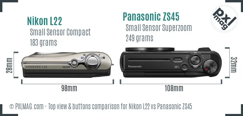Nikon L22 vs Panasonic ZS45 top view buttons comparison Nikon L22 vs Panasonic ZS45 top view buttons comparison