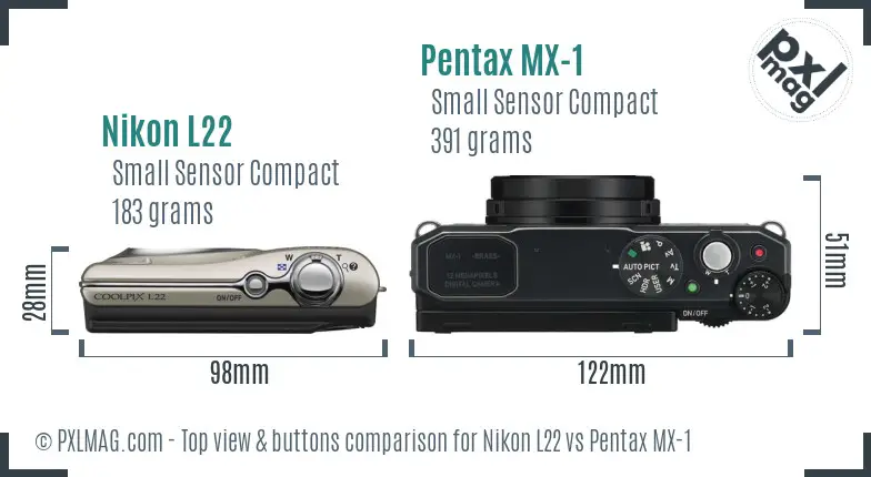 Nikon L22 vs Pentax MX-1 top view buttons comparison