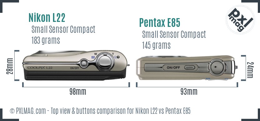 Nikon L22 vs Pentax E85 top view buttons comparison