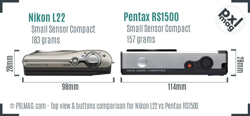 Nikon L22 vs Pentax RS1500 top view buttons comparison Nikon L22 vs Pentax RS1500 top view buttons comparison