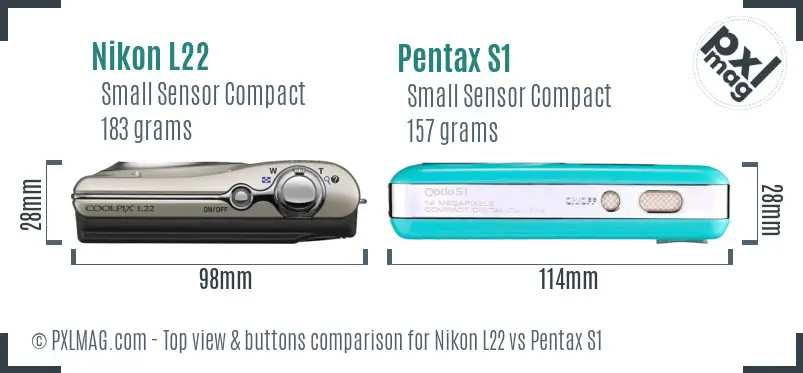 Nikon L22 vs Pentax S1 top view buttons comparison Nikon L22 vs Pentax S1 top view buttons comparison