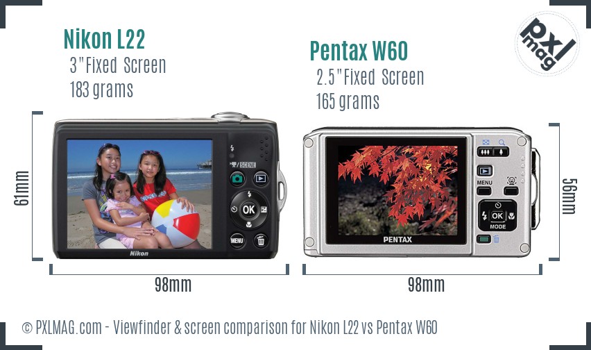 Nikon L22 vs Pentax W60 Screen and Viewfinder comparison