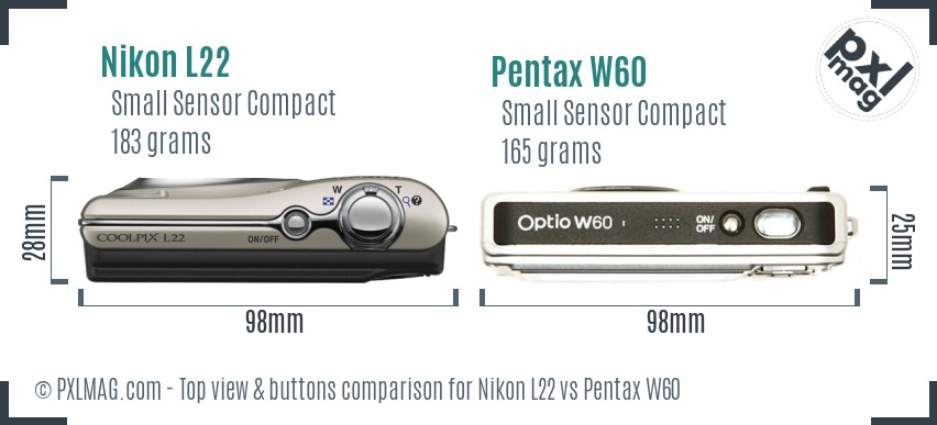 Nikon L22 vs Pentax W60 top view buttons comparison