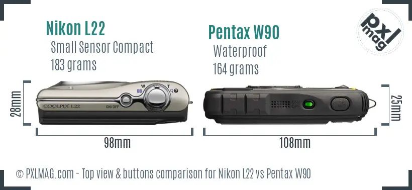 Nikon L22 vs Pentax W90 top view buttons comparison Nikon L22 vs Pentax W90 top view buttons comparison