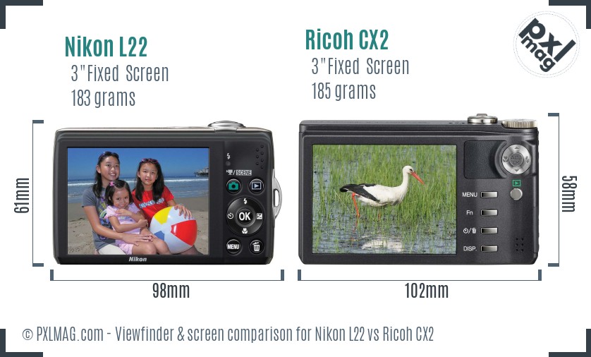 Nikon L22 vs Ricoh CX2 Screen and Viewfinder comparison