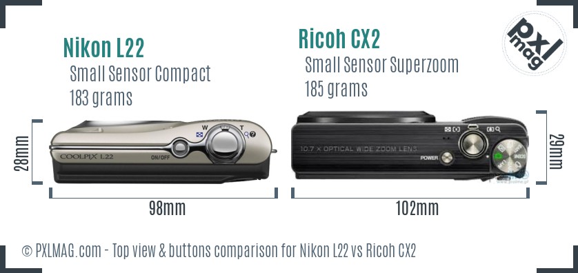 Nikon L22 vs Ricoh CX2 top view buttons comparison