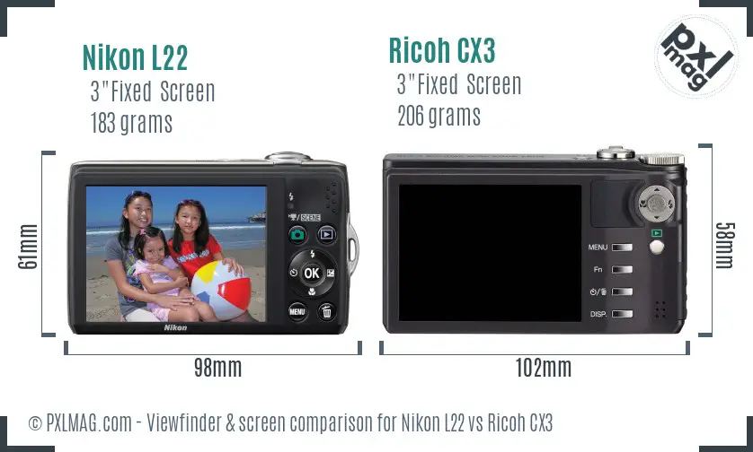 Nikon L22 vs Ricoh CX3 Screen and Viewfinder comparison