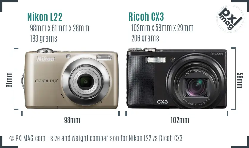 Nikon L22 vs Ricoh CX3 size comparison