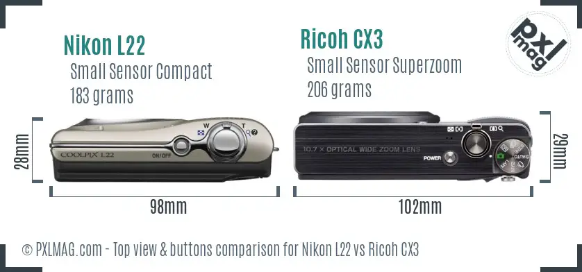 Nikon L22 vs Ricoh CX3 top view buttons comparison